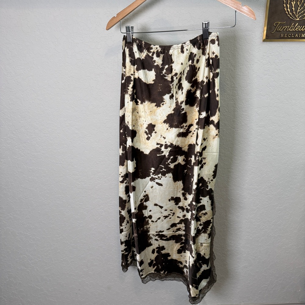 HYFVE Womens Brown Cow Print Satin Midi Skirt Lace Trim Side Slit HF26C851 M